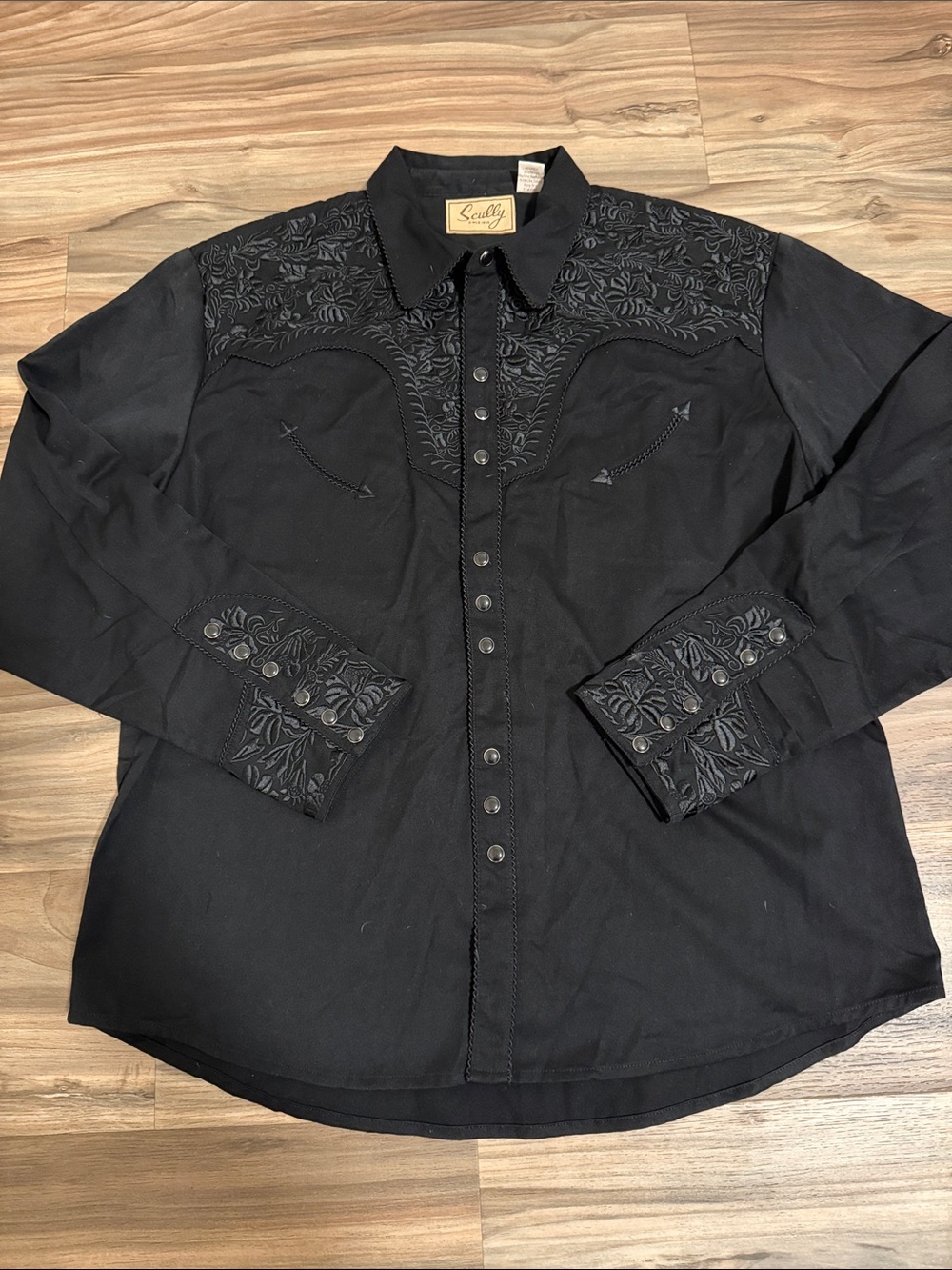 Scully Mens Western Shirt Black Floral Embroidered Pearl Snap XL Retro Western